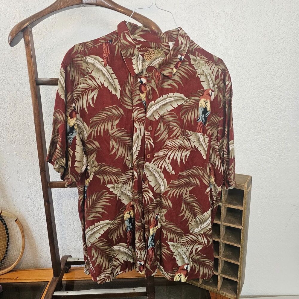 Caribbean Mens Silk Linen Tropical Hawaiian Shirt Parrot Palm Tree Red XL